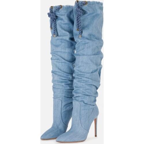 Casual Solid Blue Denim Boots Women Pointed Toe Pleated Thin High Heel Knee High Boots Lace Up Winter Fashion Shoes Plus Size 43