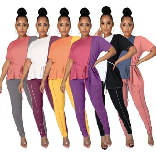 ZKYZWX Sexy Patchwork Two Piece Set Summer Outfits for Women T Shirt Top Sweatpants Tracksuit Loungewear Streetwear Matching Set