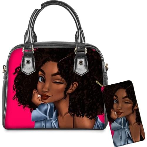 2PCS African Girls Design Shoulder Bag Pu Leather Shopping Totes and Art Black Lady Long Wallet set Crossbody/Messenger Handbag