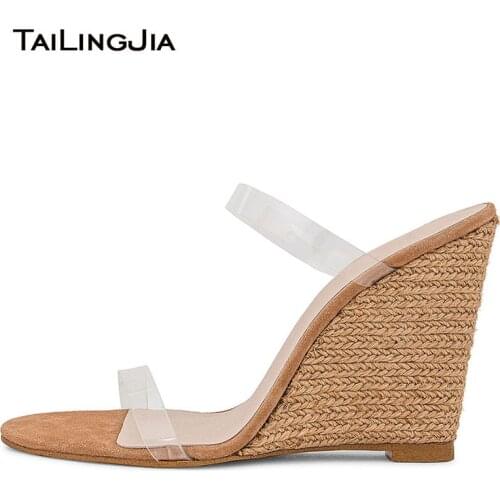 Women Wedge Shoes Clear Wedges High Heel Mules Transparent Sandals Ladies Summer Strappy Heels Slide Sandal Heeled Slippers 2020