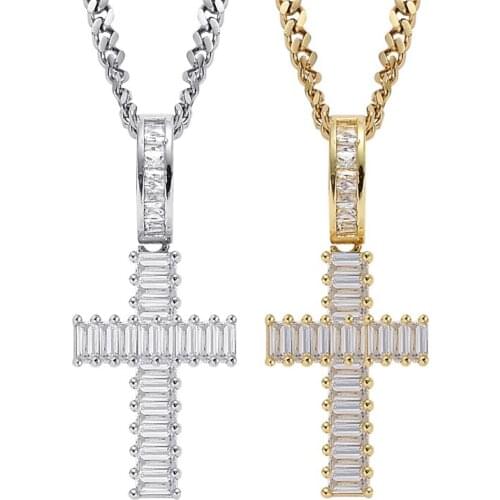 Hip Hop Strip AAA CZ Stone Bling Ice Out Cross Pendants Necklace for Men Rapper Jewelry with 24inch cuban chain Gold Color