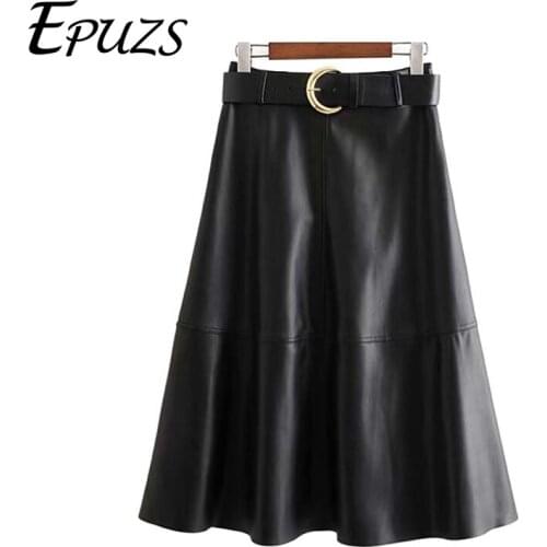 Vintage chic PU leather skirts womens belt zipper A Line midi skirt female casual high waist skirts Faldas Mujer 2020