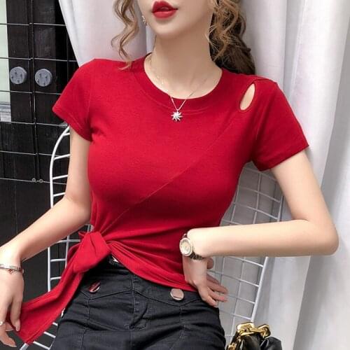 Women T-shirt Bow Tie Waist Slim Hole Shoulder Short Sleeve High Quality 2021 Summer New Fashion Sexy Ladies Tops O-neck Solid