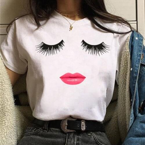 Makeup Art Eyelashes Print Top Female T-shirt Summer Harajuku Women Tshirt Streetwear Lady 90s Girls Short Sleeve Tee Tops