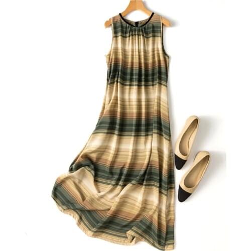 Womens 100% Silk 16 momme luxury Fashion Heavy Long Dress Elegant Round Neck Beige and Green Stripe Prints One Size L1145