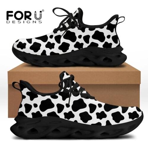 FORUDESIGNS White and Black Cow Print Women Causal Spring/Summer Flats Sneakers Shoes Lace Up Fashion Ladies Walking Footwear