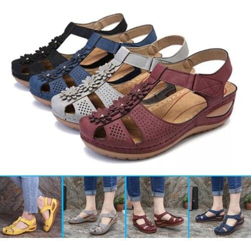Women Summer Sandals PU Leather Vintage Flower Buckle Shoes Casual for Ladies -OPK