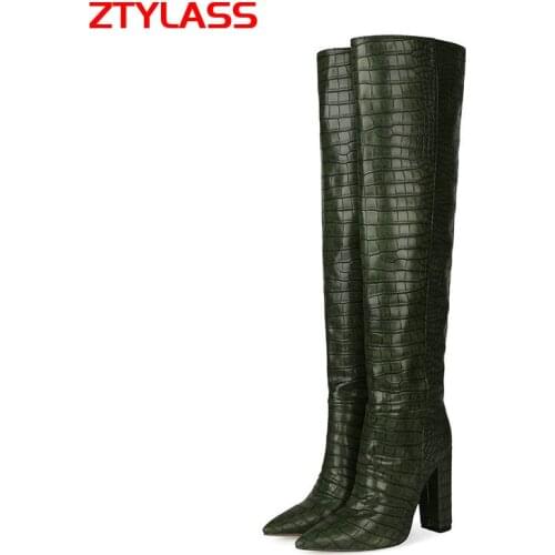 Black Green Brown Stone Print Women Boots Autumn Winter Square High Heel Knee High Boots Ladies Slip On Pointed Toe Long Boots