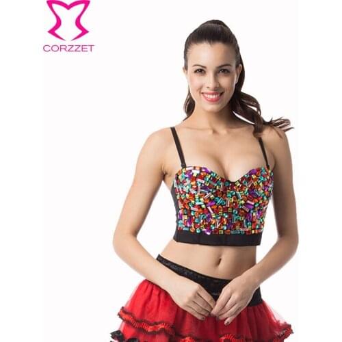 Corzzet Rainbow Crystal Beading Sexy Women Bra Push Up Strapless Bralette Crop Top Performance Disco Ball Female Underwear