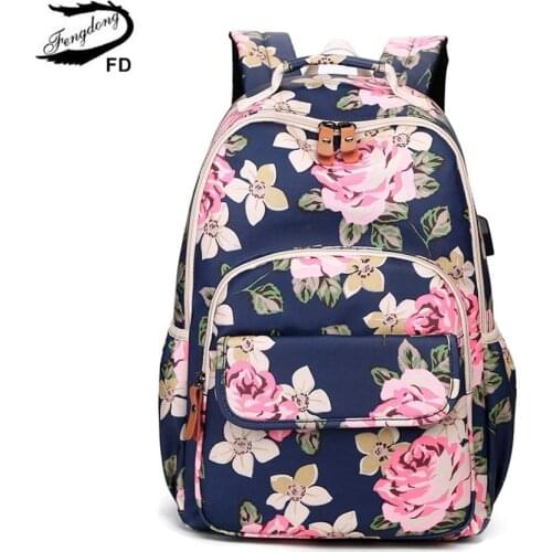 Fengdong korean style women floral backpack flowers school bags for girls kids vintage printing school backpack children bookbag