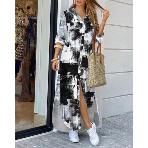 Womens Irregular Print 7 / 4 Sleeve Lining Skirt Extended Dress Fashion Autumn Womens Wear Vestido De Mujer Dresses for Women