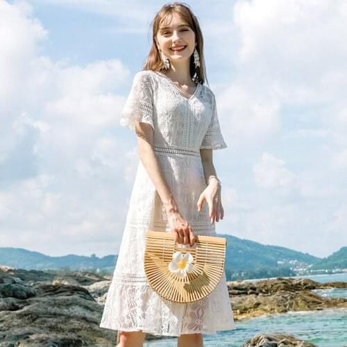 QA403 Top Lace Party Dress Women Elegant Office Business Dress Sexy V-neck Hollow Out Summer Dresses Robe Femme