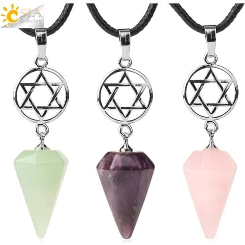 CSJA Natural Stone Pendant Necklace Cone Star Of David Crystal Necklaces for Women OM Symbol Reiki Quartz Jewelry Tiger Eye G767