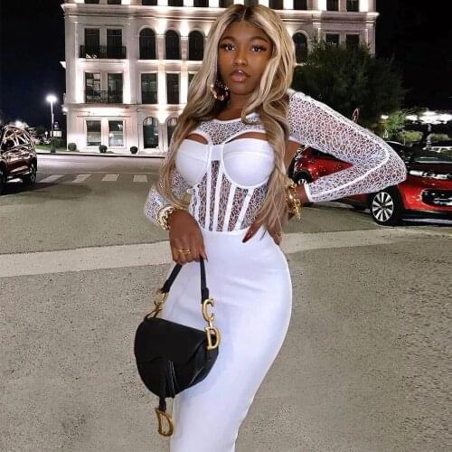 Winter New High-quality Womens Mesh Long-sleeved Hollow See-Through Mini Bodycon Bandage Dress Celebrity Runway Party Dresses