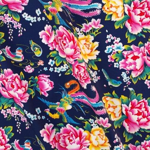 138cmx50cm Stretch Cotton sateen Fabric - Peony, Phoenix and Mandarin Duck