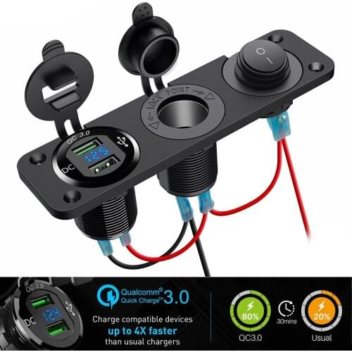 Car 12V Dual Qc3.0 USB Power Adapter Car Cigarette Lighter Digital Voltmeter Outlet 3 Hole Panel Dustproof Waterproof