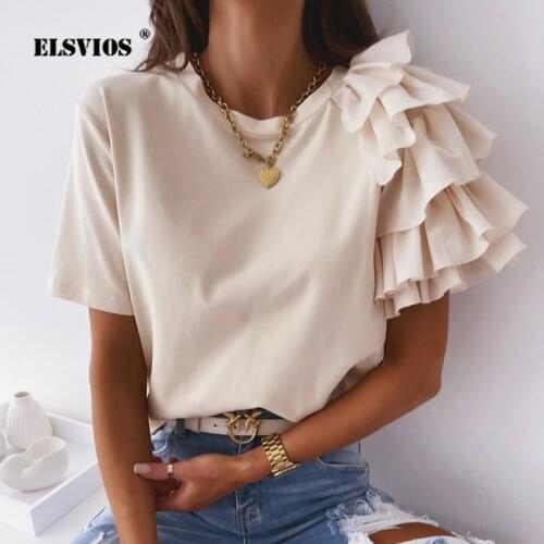 ELSVIOS New Fashion O Neck Elegant Ruffled Short Sleeve Solid Blouse Women Summer Office Tops Casual Simple Ladies Loose Blouses