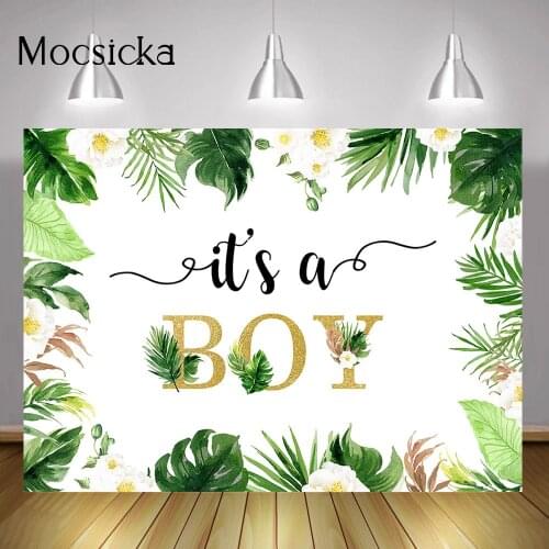 Its a Boy Party Backdrop Decorations Jungle Green Leaves Newborn Baby Shower Background White Flowers Kids Birthday Photocall