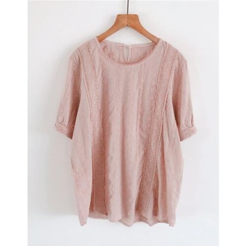 Lamtrip Lacing Stitch Hollow Out Embroidery Short Sleeve Cotton Shirt Tee Top Mori Girl 2021 Summer