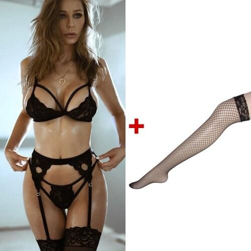 Women Porno Lingerie Sets With Garter Belt 3 Piece Lace Teddy Babydoll Sexy Bodysuit Add Stockings Ladies Erotic Sex Costumes