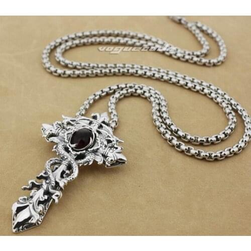 Black CZ Dragon Twine Cross Sword 925 Sterling Silver Mens Biker Rock Punk Pendant 8X002