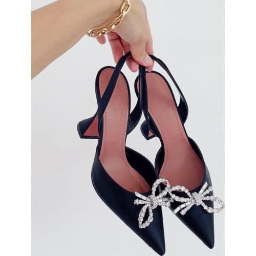 Summer sexy Lady fashion womens sandals black bow crytstal Rhinestone point toe high heels slingback shoes Prom Evening Shoes