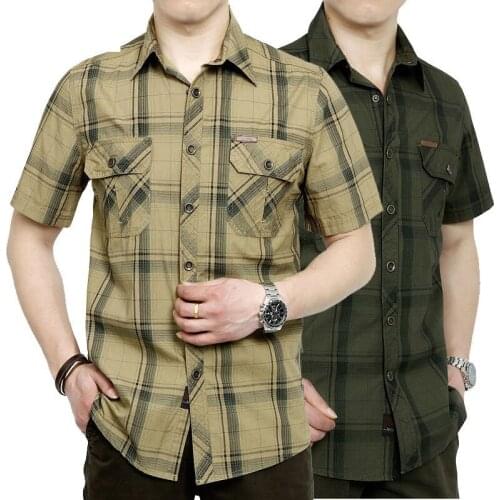 Summer Shirt For Men Casual Shirts Plaid Pure Cotton Loose Men Shirts Military Shirt Men Plus Size M-5XL Camisa Masculina