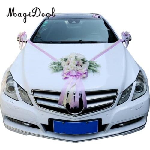 MagiDeal 12pcs Wedding Car Decorations Kit DIY Silk Flower Wreath Ribbon Bows Set Car Mirror Door Handle Roof Wedding Supplier