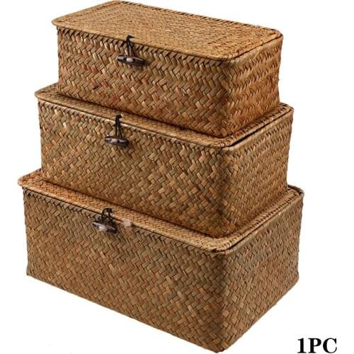 Hand-Woven Home Organiser Bathroom Bedroom Box Desktop Rattan Storage Basket Kitchen Portable With Lid Large Capacity Pastoral