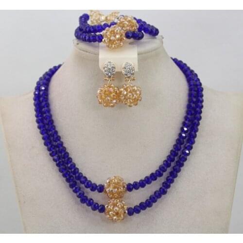 Popular Gold/Champagne African Beads Wedding Jewelry Sets Royal Blue Crystal Beaded Necklace Celebration Set Free Shipping QW753