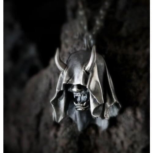 Vintage Mens Necklace Cloak Skull Prajna Demon Pendant Punk Gothic Rider Jewelry