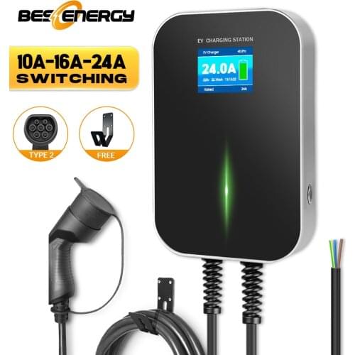10/16/24A 1 Phase EV Charger Wallmount Electric Vehicle Charging Station Switchable Current EVSE Wallbox Type2 Cable IEC 621962