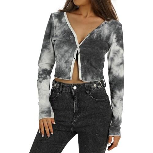 2021 New Autumn Woman Girls Tie-dyed Clothes Long Sleeve V-Neck T-shirt Tee Outwear High Street Women Clothing