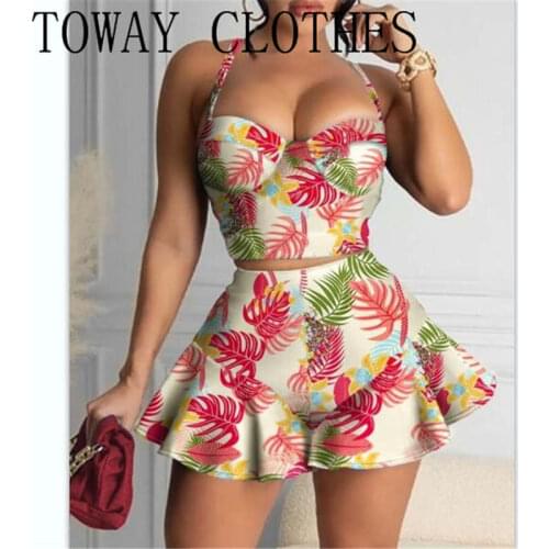 Spaghetti Strap Crop Top & Pleated Skirt Floral Print Set 2PCS Summer Holiday Casual Skorts Suits Womens Mini Dress