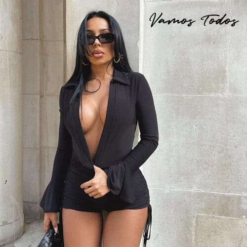 Vamos Todos 2021 Autumn Deep V Bodycon Rompers Women Jumpsuit Shorts Flare Sleeve Shirring Bodysuit Sexy One Piece Party Outfits