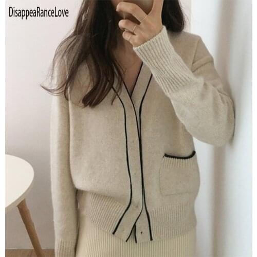 Women Knitted Cardigans Sweater Fashion Autumn Long Sleeve Loose Coat Casual Button Thick V Neck Solid Female Tops