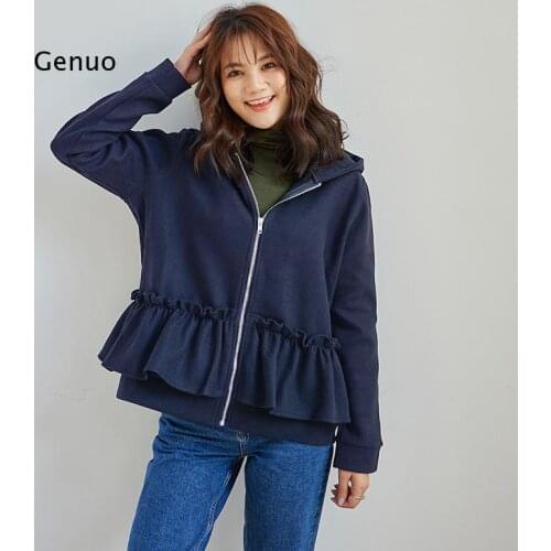 Women Autumn Spring Tops Casual Slim Fashion Ruffle Jackethooded Long Sleeve Street Beat Outerwear Coat Ladies Solid Hoodie