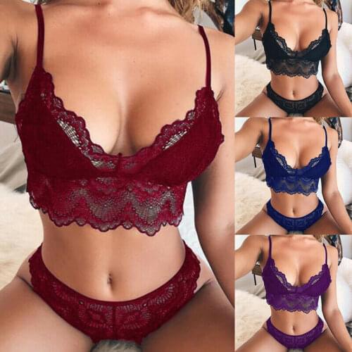 S-2XL Lingerie Sexy Erotic Intimates Lace Bra Briefs set G-string Transparent Underwear Women 2 Pieces Exotic Bra & Brief Sets