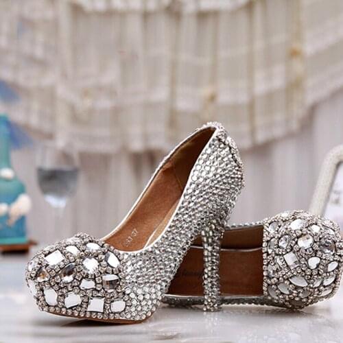 2018 Handmade Silver high heel crystals and rhinestones bridal wedding shoes Diamond Lady Shoes for Wedding Party