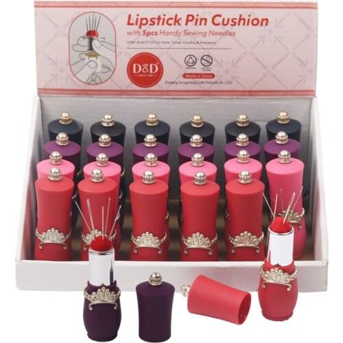 24pcs/Set DIY Craft Lipstick Shaped Needles Pin Cushion with 5 Sewing Needles Pincushion Rotatable Needle Holder Sewing Tool