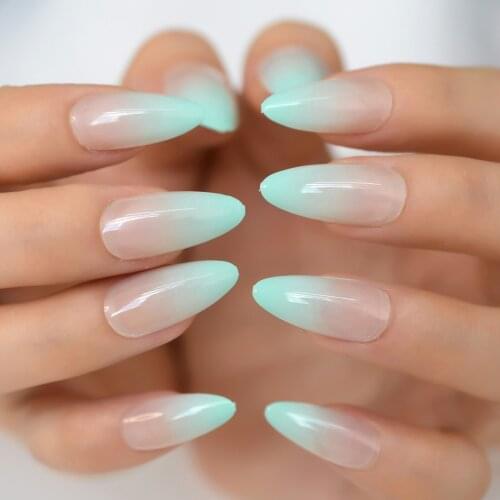 Almond Fake Nails Nude Fresh Green Ombre French Tips Press On Medium Length Artificial Nails With Adhesive Sticker 24pcs