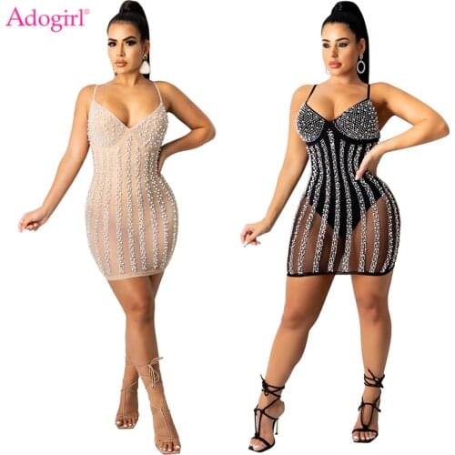 Adogirl Women Sexy Pearls Diamonds Sheer Mesh Mini Club Party Dress Bodysuit Lining V Neck Spaghetti Straps Bodycon Vestidos