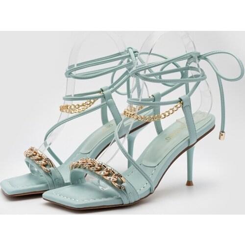 New Summer Women Sandals Woman Sexy Shoes Chain Thin Heels Ladies Rhinestone Sandals Female Pink Brand Sandals Zapatos De Mujer