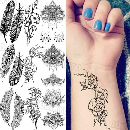 Black Flowers Temporary Tattoos Small For Women Adults Realistic Feather Henna Waterproof Fake Tattoo Sticker Arm Back Tatoos