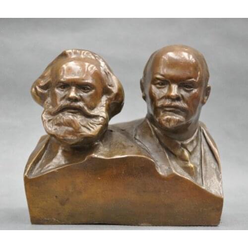 Chinese Old 6'' Great Communist Marx And Lenin Bust BRASS Statue decoration brass factory outlets