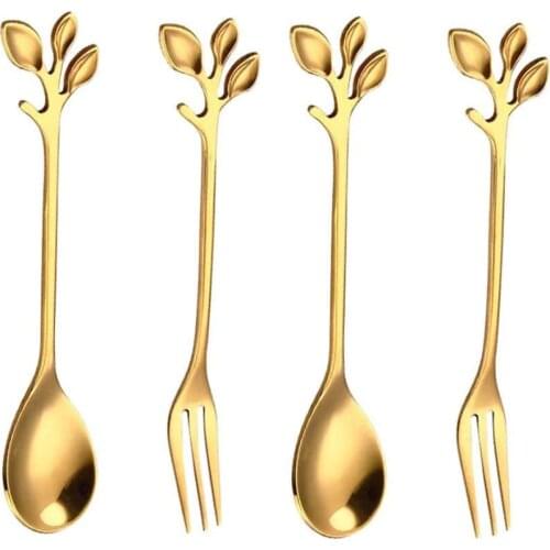 Leaf Coffee Spoons Forks Stainless Steel Gold Creative Tableware Dessert Cake Ice-Cream Stirring Spoons Cake Sugar Spoon Fork