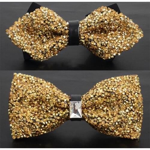 RBOCOTT Mens Fashion Crystal Bling Bow Tie Novelty Flat Corner Sharp Corner Bow Ties Solid Gold Silvery Bowtie For Men Wedding