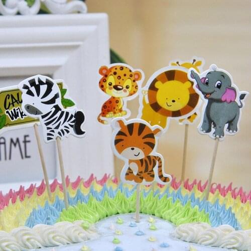 24Pcs Jungle Animal ThemeElephant/Lion/Tiger Cupcake Toppers With Sticks Decorations Cartoon Inserts Boy Favors Cupcake Toppers