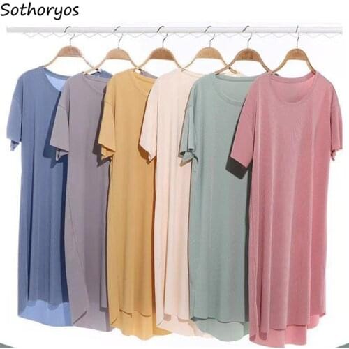 Women Solid Nightgowns Ice Silk Satin Summer Casual Sleepwear Loose Nightdress Breathable Sleepshirts Large Lounge Sleeping Wear