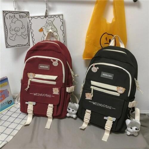 Harajuku Style Solid Color Fashion Womens Backpack Cute Badge Pin Bookbags For Teenage Girls Large-capacity Outdoor Travel Bags